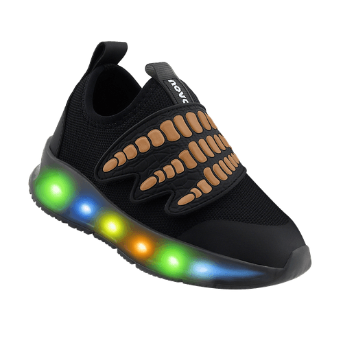 Tênis Infantil Novopé Fantasy X LED Garra dino Preto Marrom