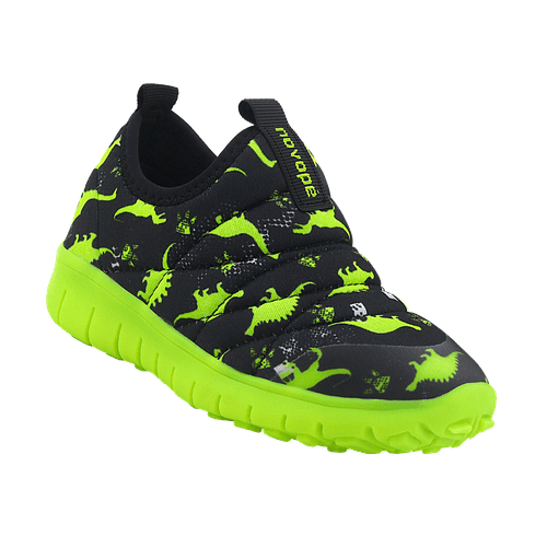 Tênis Infantil Novopé Basic Flex Dino Preto Verde Limão