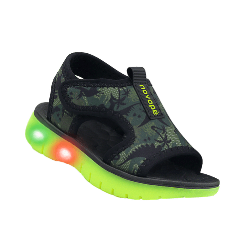 Sandália Infantil Novopé Flat Slim com LED Dino Verde Limão