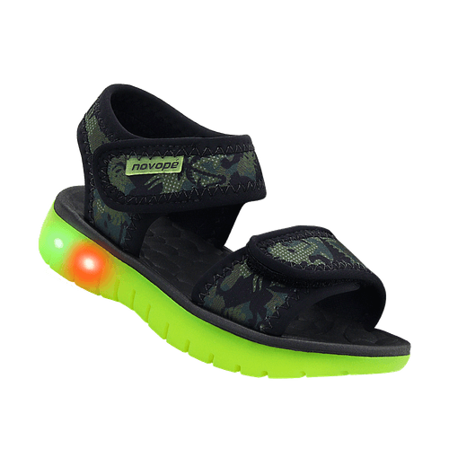 Sandália Infantil Novopé Flat Sport com LED Dino Verde Limão