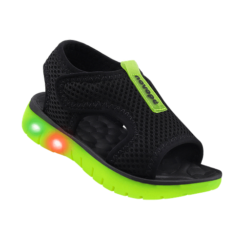 Sandália Infantil Novopé Flat Slim com LED Preto com Verde Limão