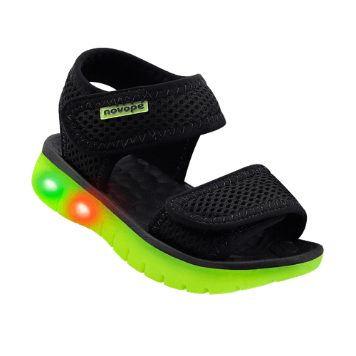 Sandália Infantil Novopé Flat Sport com LED Preto Verde Limão
