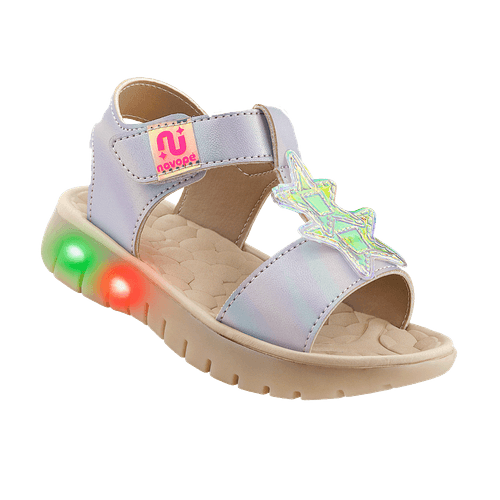 Sandália Infantil Novopé Flat Star com LED Bege Holografico
