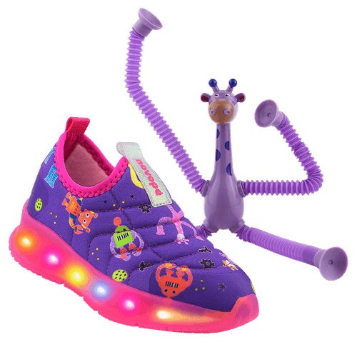 Tênis Infantil Novopé LED Fantasy Pipe Marinho Rosa com Girafinha