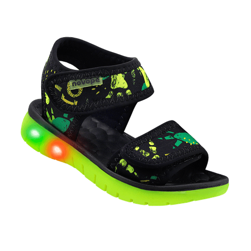 Sandália Infantil Novopé Flat Sport com LED Dino Verde Limão