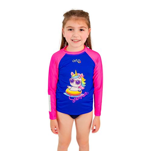 Camiseta Infantil Manga Longa com Proteção Solar Unicórnio Rosa/Azul