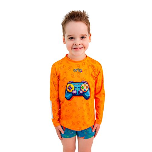 Camiseta Infantil Manga Longa com Proteção Solar Vídeo Game Laranja