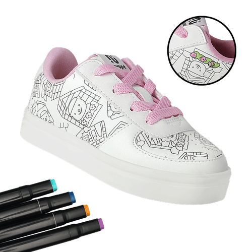 Tênis Infantil Novopé Cute Colors Branco com Rosa + Estojo de canetinhas
