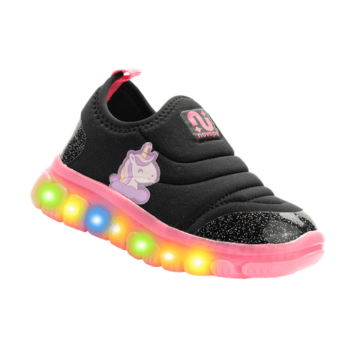 Tênis Infantil Novopé com LED Unicórnio Preto com Pink
